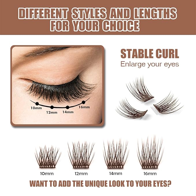 DIY Eyelash Extension, 3D Effect Individual Melt Flare Lash Cluster Natural Lashes Set, Home Eyelash Extension Lashes Pack (12MM-Amber)