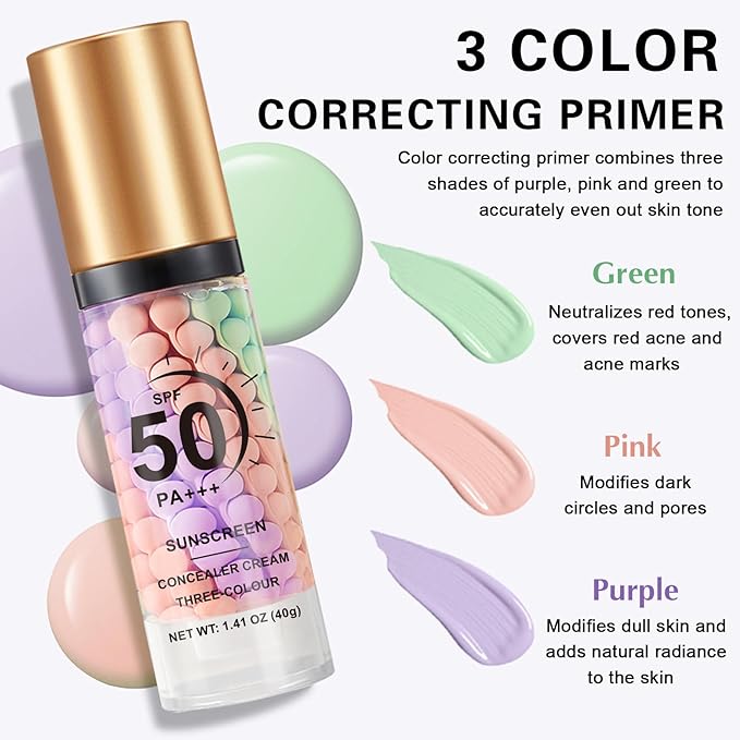 Color Correcting Primer Face Makeup,Face Primer with SPF 50,Oil Control Primer Makeup,Hydrates and Moisturizes,Radiance Skin,Protector Solar Para La Cara Con Color