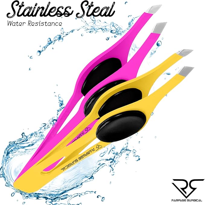 Professional Eyebrow Tweezers Slanted Tip Stainless Steel 2,3xPcs Set, Non-Slip Grip Slant Tip Tweezers for Facial Hair, Plucking Removing Ingrown Hairs, Tweezer for Women Men (Yellow&Pink)