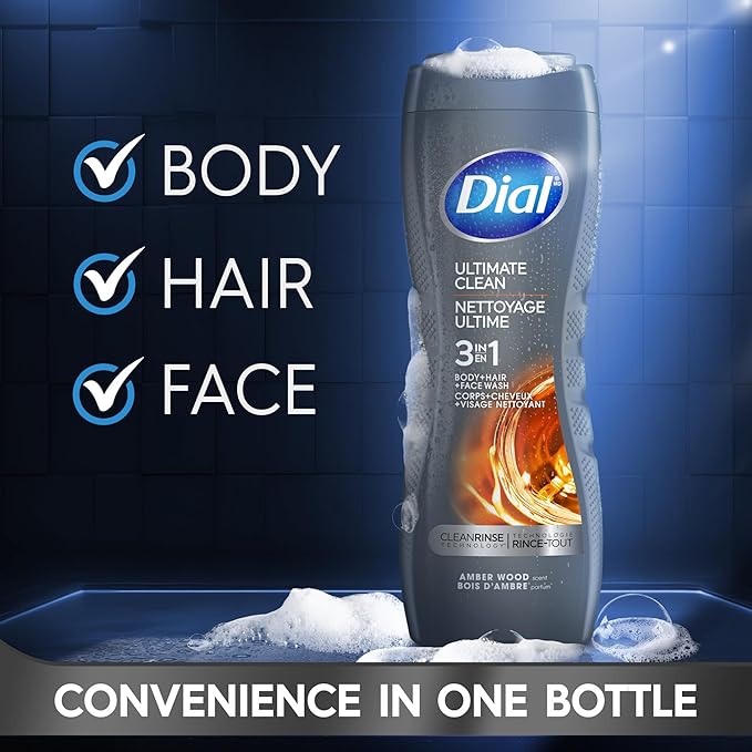 Dial Men 3 in 1 Body, Hair and Face Wash, Ultimate Clean, 16 Fl Oz, Pack of 4, Amber Woods Scent, Cleanses Deep + Gentle on Skin with Clean Rinse Technology