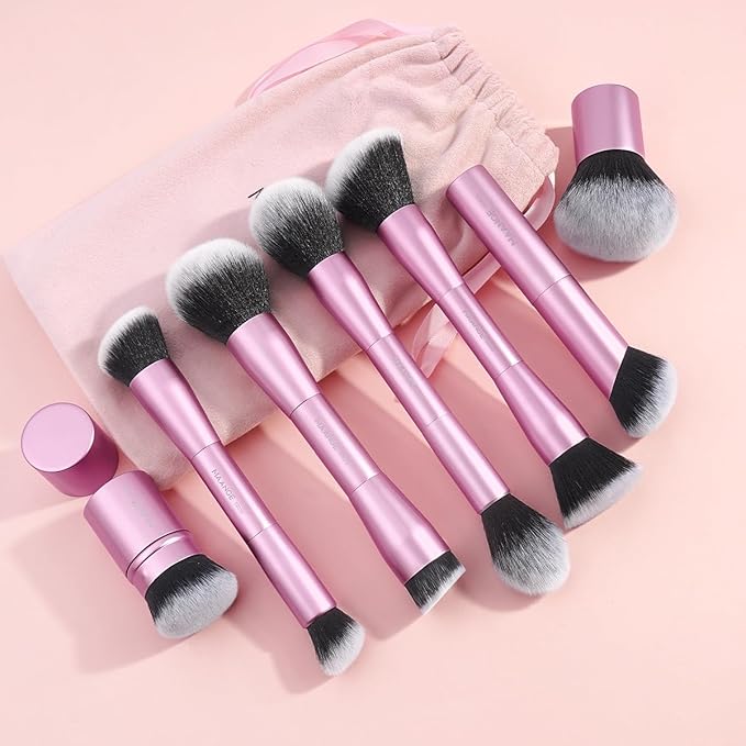 MAANGE 7pcs Makeup Brush Set Double Sided Kabuki Makeup Brushes Contour Brush for Foundation Liquid Powder Concealer Cream Cosmetics Bronzer Blending Blush Buffing Makeup Tools (Pink)
