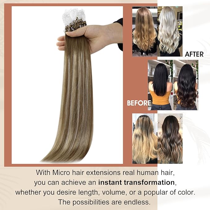 Full Shine Microloop Human Hair Extensions Color 6/60/6 Brown to Blonde and Brown Micro Link Extensions Remy Hair 20 Inch Balayage Hair Extensions 50 Grams