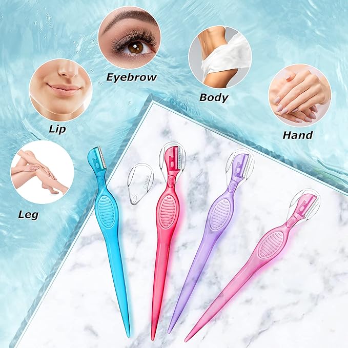 Honoson 8 Pcs Eyebrow Razor for Women Small Face Razors Shaver Trimmer Facial Hair Removal Eyebrow Shaper with Stainless Steel Blade Safety Cover for Peach Fuzz Lip Dermaplaning Tool, 4 Colors