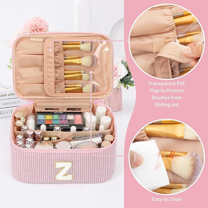 OCHEAL Makeup Bag for Women, Monogram Cosmetic Bag with Brush Holder, Pink Travel Makeup Case Beauty Toiletry Bag Organizer Personalized Gifts for Girls Bridesmaid, Sister, Wife, Friends Initial Z