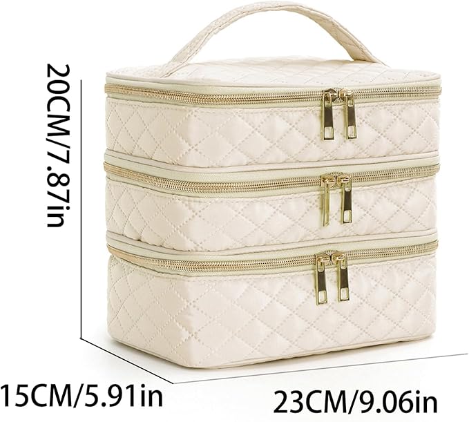 Travel Makeup Bag for Women Three Layer Large Cosmetic Case Water-resistant Toiletry Bag Organizer for Store Toiletries Cosmetic Accessories and Manicure Sets Khaki