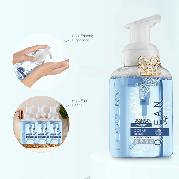 Foaming Hand Soap - Pack of 3 - Moisturizing Hand Soap with Aloe Vera & Essential Oils-Alcohol-Free Hand Wash in Ocean Bliss Fragrance-Scented Hand Wash for Kitchen or Bathroom-Free Swarovski Bracelet