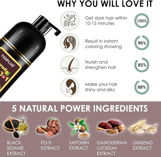 TSSPLUS Instant Hair Color Shampoo - Chestnut Brown Dye for Women & Men, 3 in 1 Herbal Coloring Shampoo (Chestnut Brown)