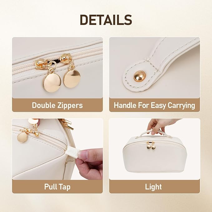 Large Capacity Cosmetic Bag for Women, Waterproof PU Leather Makeup Bag for Travel,Toiletry Bag Make up Organizer with Divider and Handle (White)