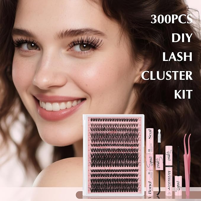 Lash Extension Kit 300PCS Lash Clusters Kit D Curl Eyelash Cluster 8-16mm 30D 40D 50D Individual Lashes Kit with Lash Bond and Seal Lash Tweezers（30D+40D+50D-D Kit, 8-16MIX）