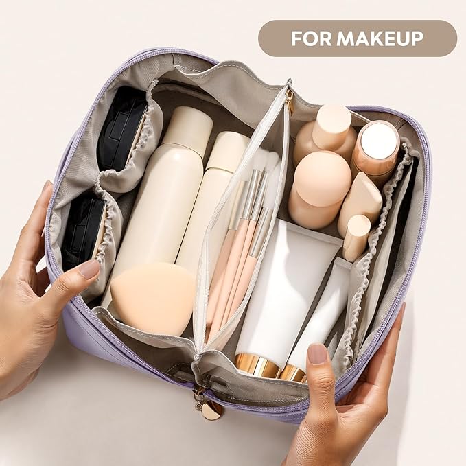 mibasies Flat Lay Open Travel Makeup Bag, Dual-Zipper Diagonal Cosmetic Bag, Large Capacity Waterproof Toiletry Bag for Women