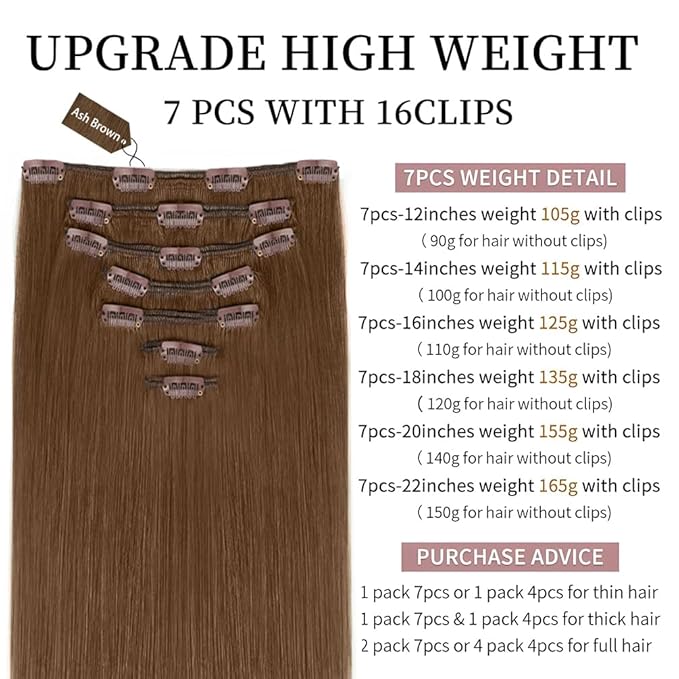 14 Inch Clip-in Hair Extensions Remy Human Hair for Women - Soft Handmade Real Human Hair Clip in Extensions, Straight, Thick, 115g 7pcs Ash Brown Color