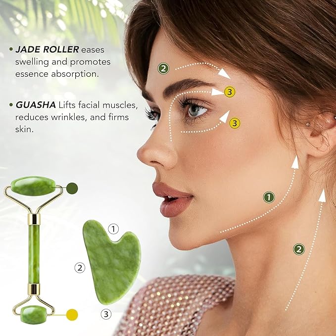 4-Piece Jade Roller & Gua Sha Set – Green Jade Facial & Body Sculpting Tools for Lymphatic Drainage, Puffiness Reduction & Wrinkle Minimizing – Gift for Women & Men