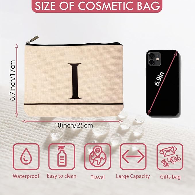 Letter A-Z Initial Personalized Makeup Bags, Birthday Gifts for Women, Monogrammed Gifts for Women Mom Sister Best Friend Bride Bridesmaid, Mothers Day, Christmas, Small Travel Cosmetic Bag (I)