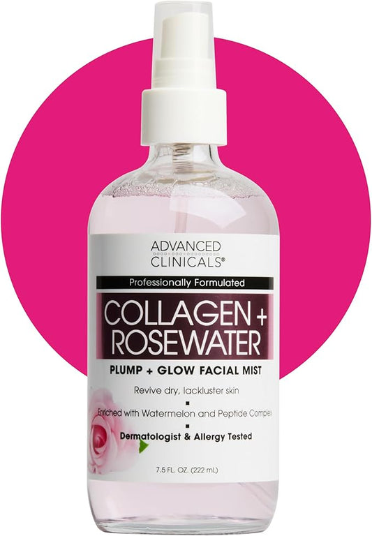 Advanced Clinicals Collagen Rosewater Face Mist Skin Care Reviving & Hydrating Facial Mist for Face | Instant Hydration Face Spray Toner with Pure Rose Water, Collagen, & Natural Extracts, 7.5 Fl Oz
