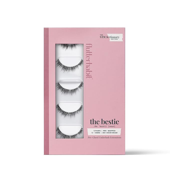 FlutterHabit STICKtionary Bestie Self Adhesive Eyelashes Kit, Pre Glued Underlash Strips for Beginners, No Glue Lash Extensions, Lightweight Reusable Clusters for Natural Look at Home (5 Pairs)