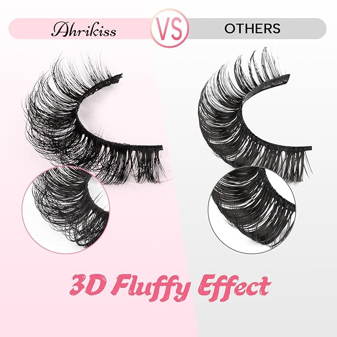 Ahrikiss Russian Strip Lashes D Curl Fluffy False Eyelashes Natural Wispy Faux Mink Lashes Look Like Extensions 10 Pairs Pack Fluffy 3D Volume Fake Eyelashes (D03)