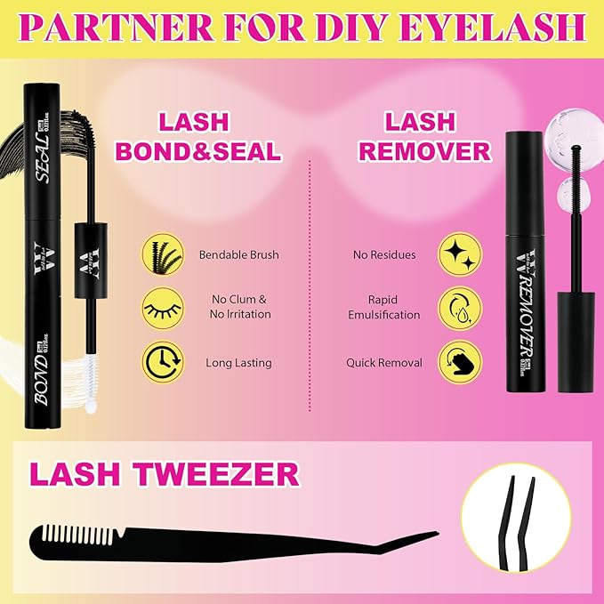 Manga Lash Clusters Kit DIY 144Pcs Fairy Eyelash Clusters Natural Lashes Kit with Anime Lash Clusters Bond and Seal, Remover and Tweezers for Invisible Band Eyelash Extensions Kit(D-Mix8-16mm)