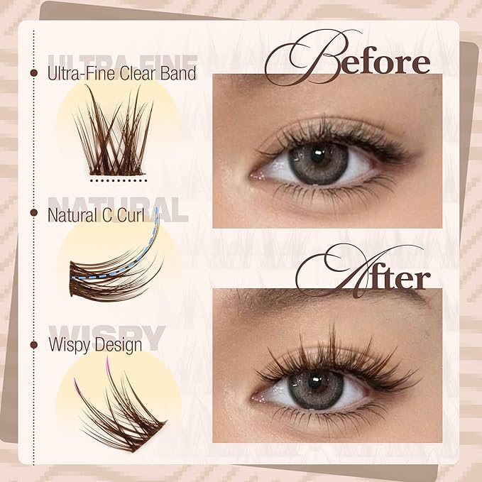 Mavphnee Lash Clusters Brown Eyelash Clusters Spiky Lashes Extensions Fairy Individual Lashes Manga Cluster Lashes Anime Style Lash Spikes Natural Brown Cluster Eyelash Extensions (10-16MM, 108 Pcs)