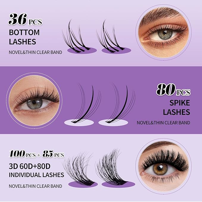 Lash Clusters Kit With Bottom Lashes 3D Curl 60/80/100/200D DIY Lash Extension Kit 12-18mm Multi-types Individual Lashes Bond and Seal, Spike, Volume Lashes Kit Lash Applicator(60/80 3DKit)
