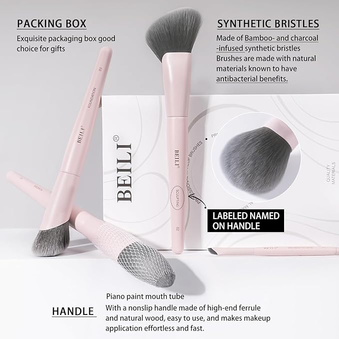 BEILI Makeup Brush Set,White Makeup Brush Set, 12 Vegan Makeup Brushes for Powder Foundation, Concealer, Eyebrows, Eyeshadow, Contour, Eyeliner, Blender Eye Brush (Pink)