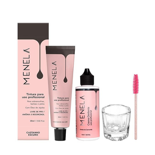 Menela Eyebrow Tint Kit – Professional Brow Color with Jojoba Oil – Includes Oxidizing Cream, Dual-Ended Brush & Mixing Glass – Vegan, Ammonia-Free, Sensitive Skin Safe – 20 ml (Dark Brown)