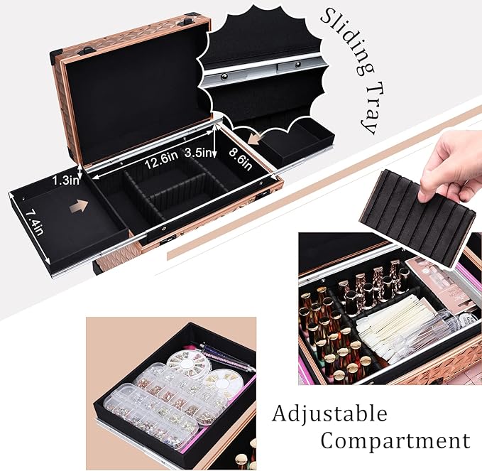 FRENESSA Professional Rolling Makeup Case Aluminum Trolley Train Case with Swivel Wheels for Makuep Artist Travel Cosmetic Organizer with Sliding Drawers for Nail Tech Hairstylist Barber Rose Gold