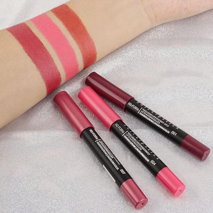 Generic Deep Dark Red Matte Lipstick and Lip Crayon Liner Pencil Pen Set for Women Lip Stain Long Lasting Waterproof labiales (3, 01# Light Pink Metallic & 04# Pink Matte & 07# Natural Pink Metallic)