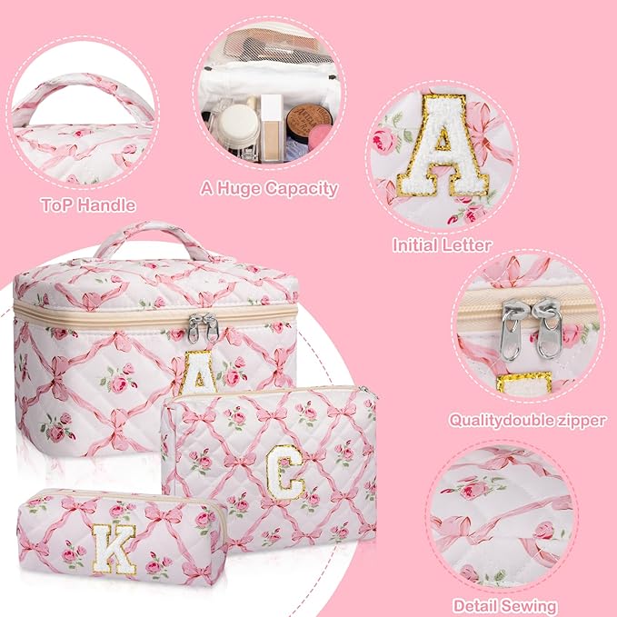 Makeup Bag, Quilted Cosmetic Bag, Large Floral Make Up Bag for Women Girls, Cute Big Cotton Makeup Bag Set, Flower Travel Toiletry Organizer Bag A