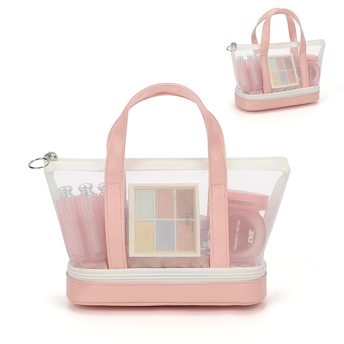 Small Multi-Functional Makeup Bag for Teens and Women Cute Cosmetic Case with Zipper Pouch/Double Handle for Travel Daily Use Multi-Scene Storage - Perfect Christmas or Birthday Gift for Girls - Pink