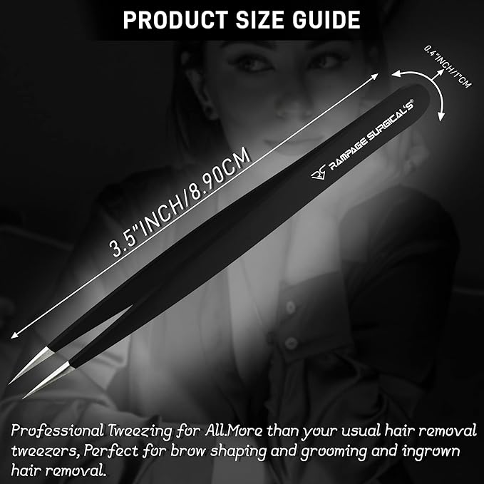 Professional Tweezers Pointed & Slanted for Eyebrow Stainless Steel 2, Pcs Set, Pointed Slant Tip Tweezers for Facial Hair, Plucking Removing Ingrown Hairs, Tweezer for Women Men (Black)