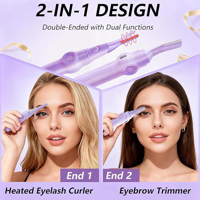 2-in-1 Multifunctional Heated Eyelash Curler & Eyebrow Trimmer for Women, Fast Heated Rechargeable Electric Eyelash Curler with 3 Heat Settings, 24H Long Lasting, Ideal Makeup Tool Gift