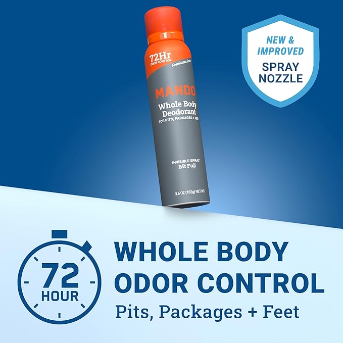 Mando Whole Body Deodorant For Men - Invisible Spray Deodorant - 72 Hour Odor Control - Low Irritation Formula - Aluminum Free, Benzene Free - 3.6 ounce Cans (Pack of 2) - Mt Fuji