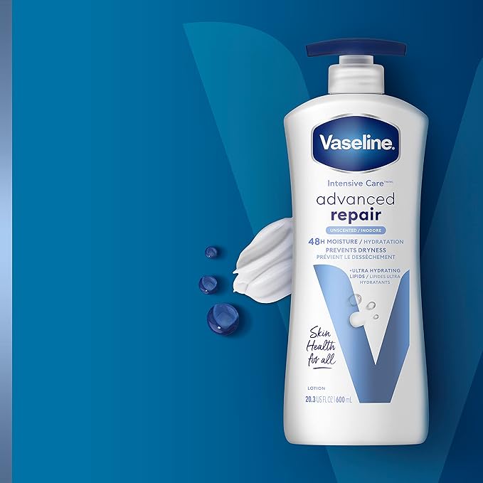 Vaseline Intensive Care Unscented Advanced Repair Body Lotion - Ultra-Hydrating with Lipids for Extremely Dry Skin, 20.3 oz, Pack of 3