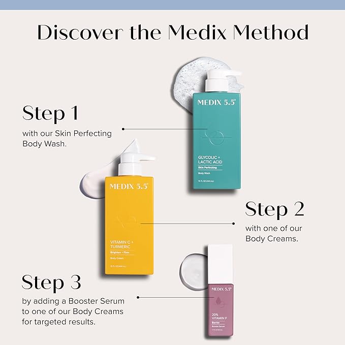 MEDIX Anti Aging Skin Care 3PC Set | Exfoliating AHA Glycolic Acid Foaming Face & Body Wash + Vitamin C Body Cream + 10% AHA Exfoliating Serum For KP Bumps, 3pc Skincare Set