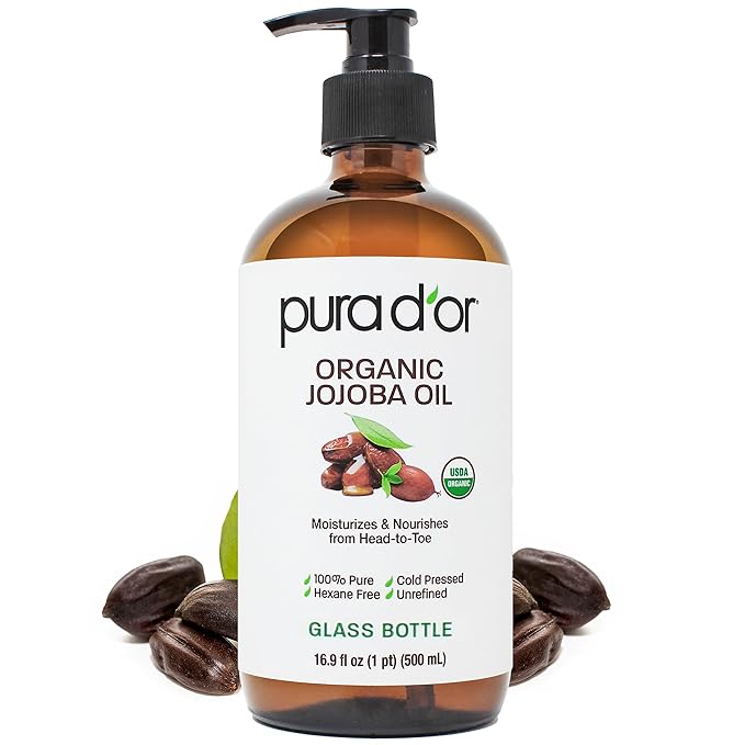 PURA D'OR 16.9 Oz Organic Jojoba Oil (GLASS BOTTLE) USDA Certified - 100% Pure & Natural Moisturizer - Cold Pressed, Unrefined, Hexane Free Base Carrier Oil For DIY Skin Care, Hair, Face & Nails