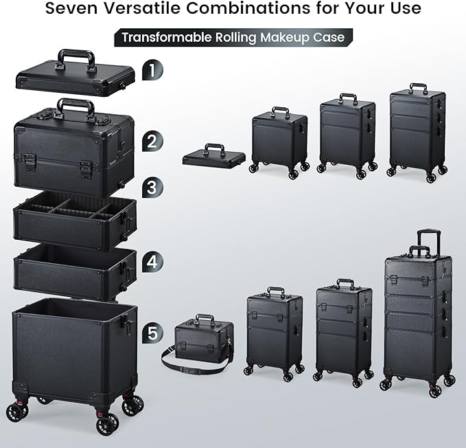 FRENESSA Rolling Makeup Case Makeup Train Case with Lid 5 in 1 Cosmetology Case on Wheels Large Makeup Organizers Salon Cart Barber Trolley Nail Teach Makeup Artist Trunk Cart Black