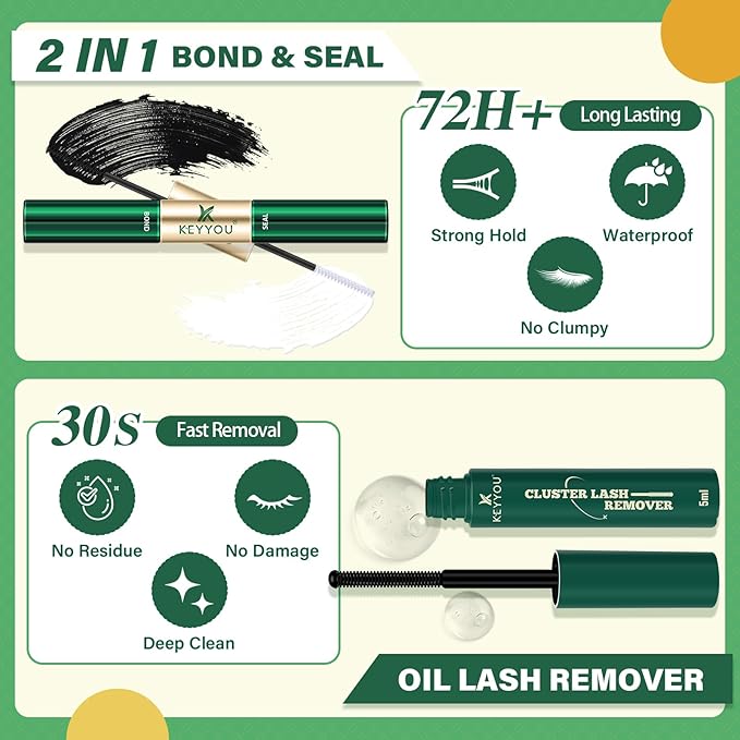KEYYOU Lash Clusters Kit Natural Wispy DIY Lash Extension Kit 144pcs Lash Clusters Eyelash Extension Kit with Mascara Brush Bond and Seal Glue Remover Applicators Brush for Lash Extensions (Y01 Kit)