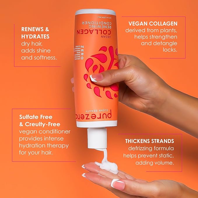 PureZero Vegan Collagen Shampoo & Conditioner Set - Strengthening & Hydrating Clean Beauty Duo for Dry or Damaged Hair – Plant-Based Collagen, Sulfate-Free, Paraben-Free, Cruelty-Free, 2 × 12 oz