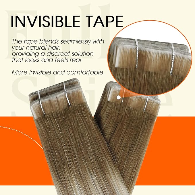 Full Shine Tape Hair Extensions Real Human Hair Color 3 Dark Brown Ombre 8 Ash Brown And 22 Balayage Remy Tape in Human Hair 16Inch 40G Protect Natural Extension 20Pcs Add Volume