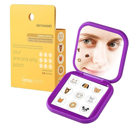 Acne Pimple Patches for Face 54 Count with Mirror Case for Day & Night Use - Hydrocolloid Pimple Pads, Emoji-Themed Blemish Dots, Clear Skin Treatment (Animal)