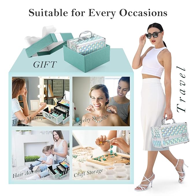 FRENESSA Makeup Case Portable Makeup Box Organizer Travel Cosmetic Case Storage with Mirror Locking Make Up Cases Organizers and Storage for Girls Nail Supplies Cosmetology Case Vanity Case Blue
