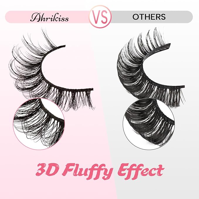 Ahrikiss Russian Strip Lashes That Look Like Extensions D Curl Fluffy False Eyelashes 10 Pairs Wispy Natural Fake Lashes Pack Fluffy 3D Volume Fake Lashes (D05)