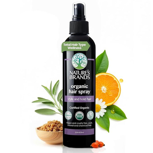 Nature's Brands Organic Hair Spray, 8 Oz - Biotin-Enriched Non Toxic Hairspray with Green Tea, Sage & Geranium Oil for Long-Lasting Hold, Shine, Frizz Control, and Volume Boost - Paraben-Free, Vegan