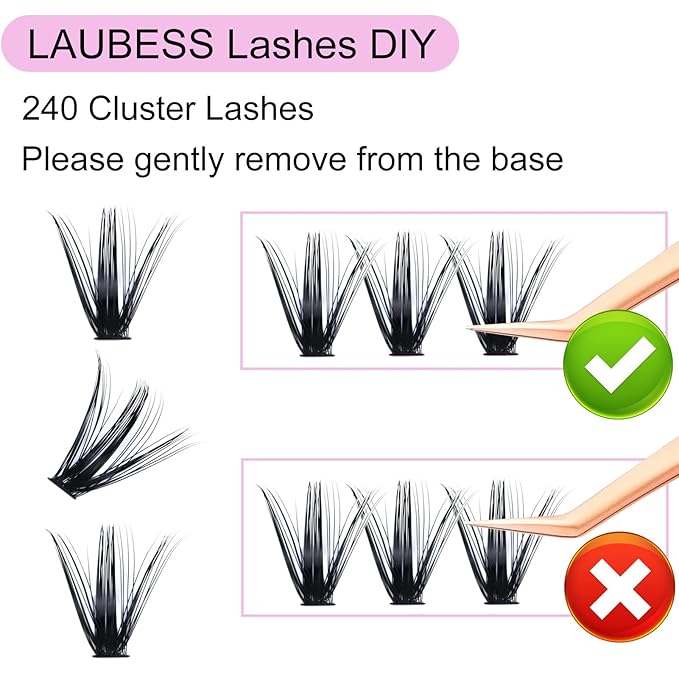 Lash Extension Kit LAUBESS Lash Clusters Kit Cluster Eyelash Extensions Kit Eyelash Clusters Lash Bond and Seal Waterproof Tweezers Brush Lash Glue Remover (Kit 50D-C-Mix9-16)