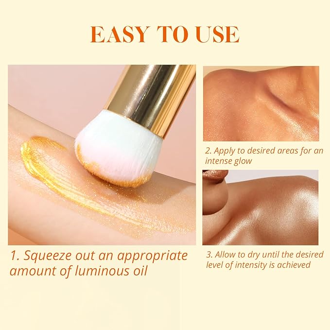 Liyalan Shimmer Body Oil 5 Color Options 1.0 fl.oz Face Glow Pearl Highlighter Illuminator Long-Lasting Shine Glitter Liquid Tanning with Makeup Brush Included (#03 Bronze Gold)