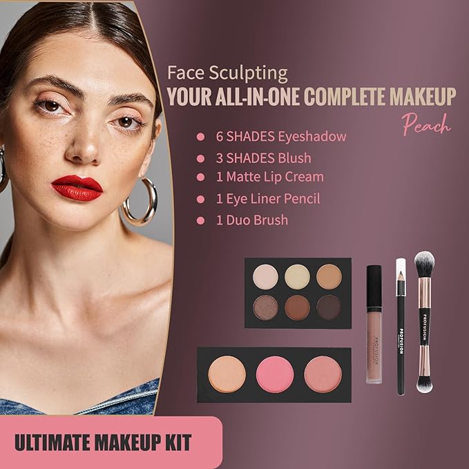 Profusion Complete Face Sculpting Collection Makeup Kit - Peach & Nude Palette Variants, Includes Eyeshadow, Blush, Lip Cream, Eyeliner & Duo Brush, Vegan & Cruelty-Free
