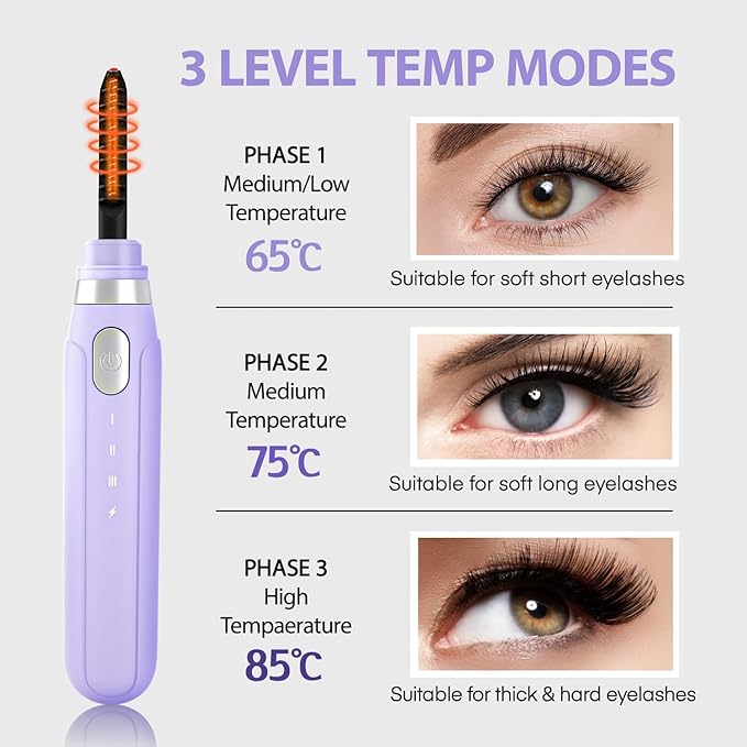 Heated Eyelash Curler with Comb, USB Rechargeable, 3 Temperature Settings, Quick‑Heat Electric Lash Wand for Long‑Lasting Curl, Travel‑Friendly, Purple