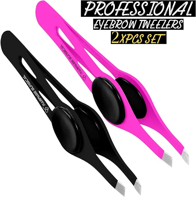Professional Eyebrow Tweezers Slanted Tip Stainless Steel 2,3xPcs Set, Non-Slip Grip Slant Tip Tweezers for Facial Hair, Plucking Removing Ingrown Hairs, Tweezer for Women Men (Black&Pink)