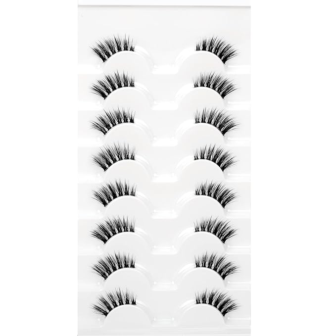Natural Fake Eyelash for Nude Makeup Cat Eye Look Half Lashes Strips Manga Doe-Eye Spiky Short Accent Lashes Wispies Volume Asian Fairy Clusters False Eyelashes Extensions 8 Pairs Pack Daily Use