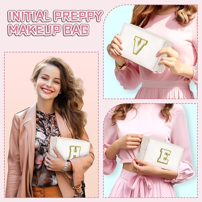 TOPEAST Preppy Patch Makeup Bag, Chenille Letter Pouch Cosmetic Bag, PU Leather Waterproof Toiletry Bag, Personalized Birthday Gift for Women Girl, Cute Stuff for Girls (White B)